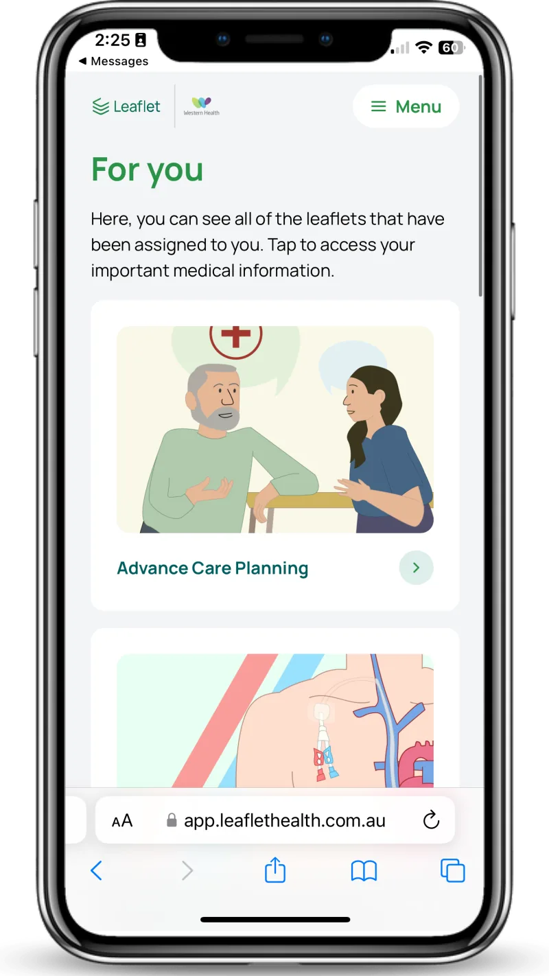 Leaflet patient health information app on a phone, built by OK200